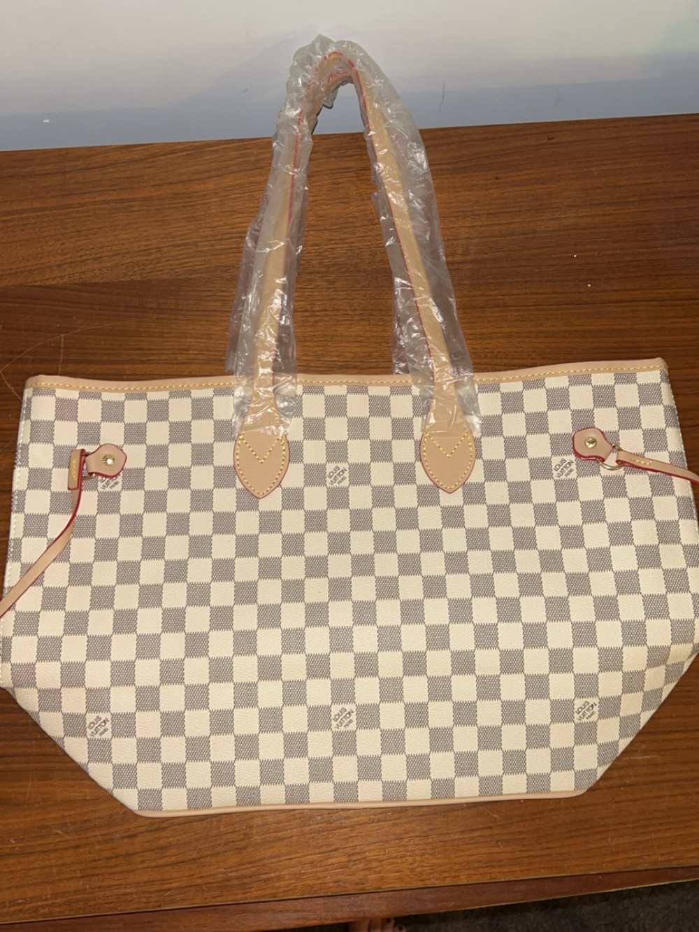 Cream and Gray Checkered Tote Bag